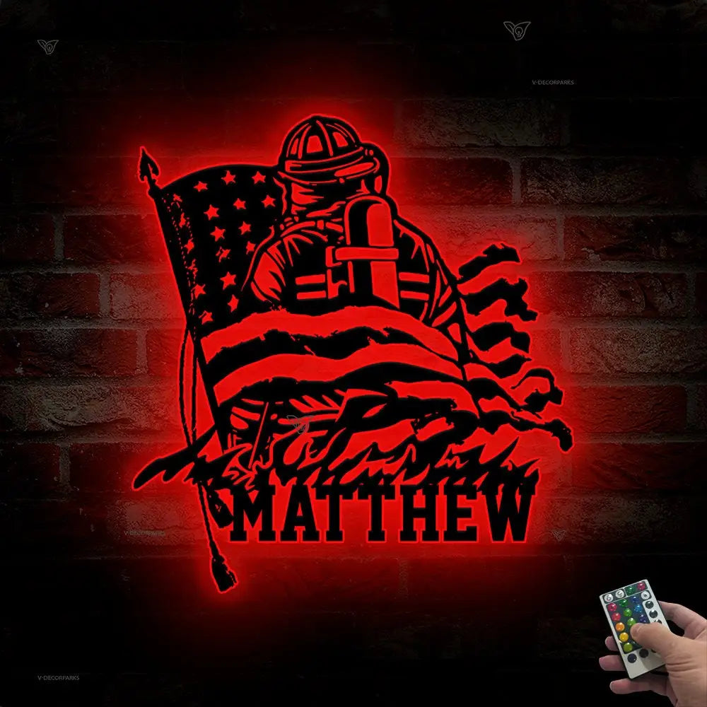 Personalized Firefighter American Flag Metal Sign with Led Lights - Father’s Day Gift for Fireman - Birthday Retirement