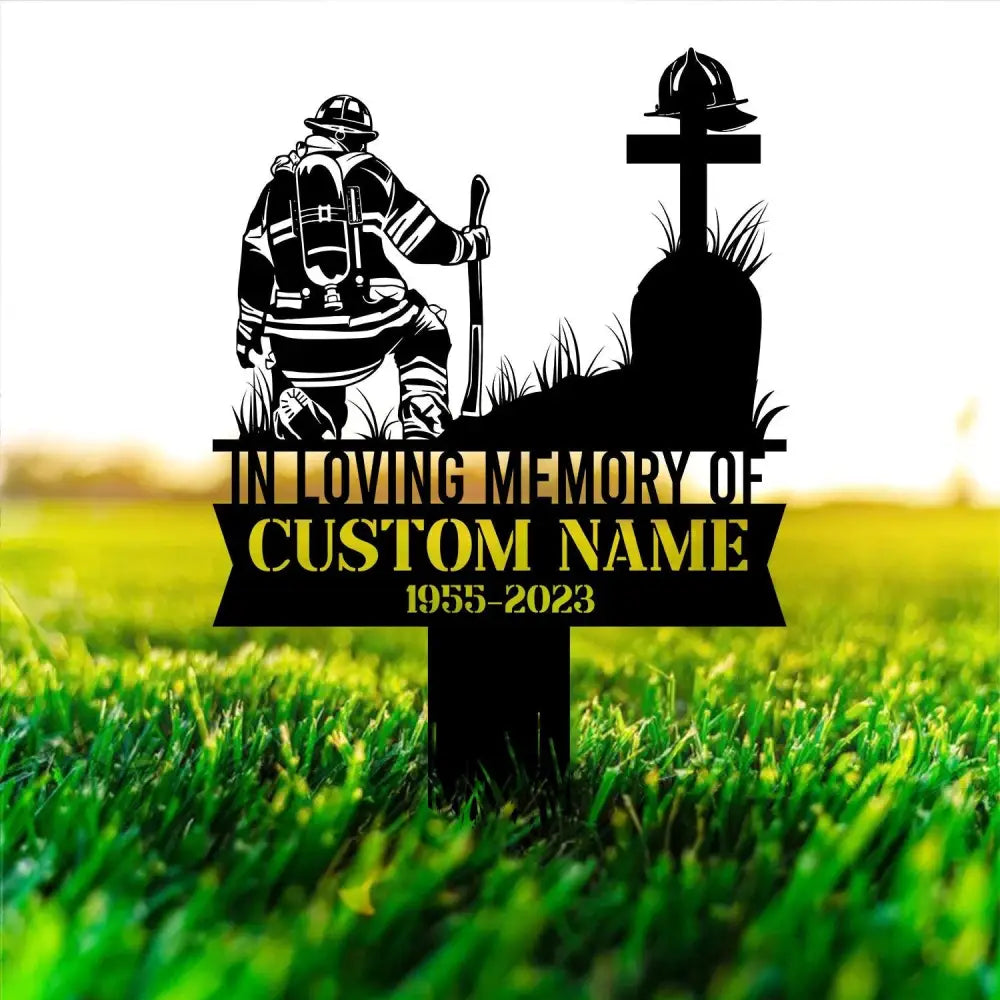 Personalized Firefighter Kneeling Memorial Stake Garden Metal Stake Fireman Memorial Sympathy Gift Outdoor Grave Marker