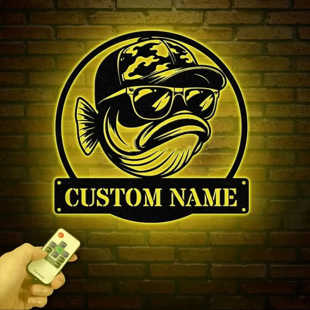 Personalized Fishing Metal Sign Custom Funny Bass Fish LED Wall Art Outdoor Fishing Cabin Decor Fisherman Name Sign