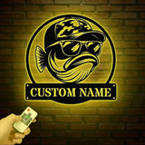 Personalized Fishing Metal Sign Custom Funny Bass Fish LED Wall Art Outdoor Fishing Cabin Decor Fisherman Name Sign