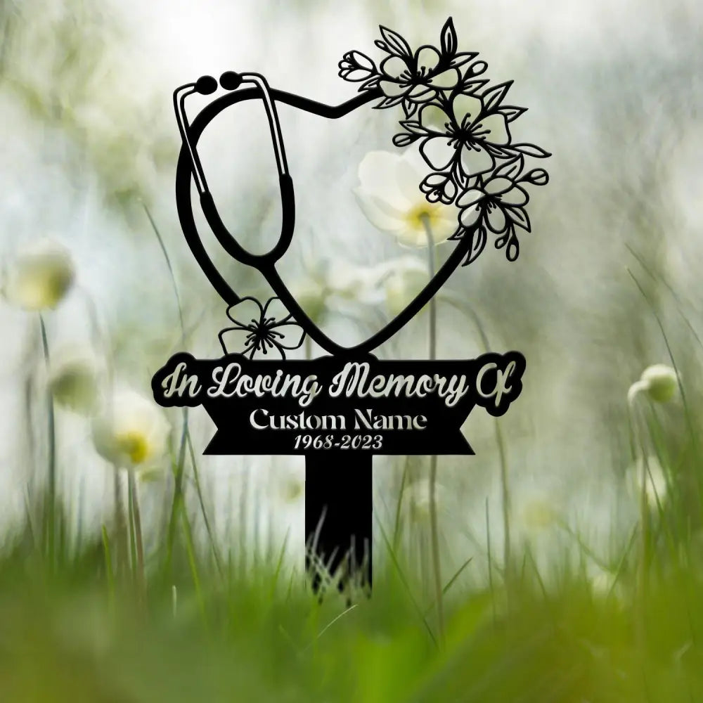 Personalized Floral Heart Stethoscope Nursing Memorial Plaque Stake Sympathy Sign Grave Marker Remembrance Stake,