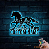 Personalized Floral Horse Farmhouse Metal Wall Art LED Light Custom Horse Flower Name Sign Home Decor Horse Barn