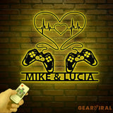 Personalized Gaming Couple Metal Sign with LED Light Heart Game Controller Custom Name Wall Art Gifts for Couples Game