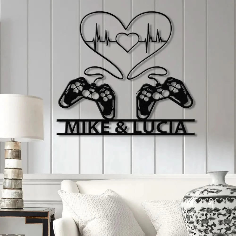 Personalized Gaming Couple Metal Sign with LED Light Heart Game Controller Custom Name Wall Art Gifts for Couples Game