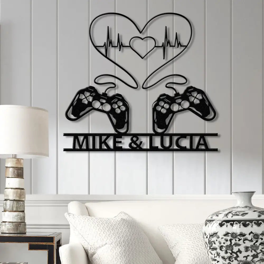 Personalized Gaming Couple Metal Sign with LED Light Heart Game Controller Custom Name Wall Art Gifts for Couples Game