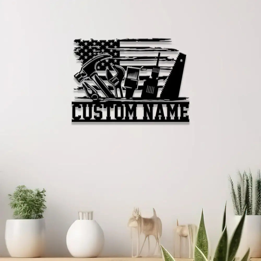 Personalized Garage US Flag Metal Sign with Led Light Custom Name Garage Decor Man Cave Sign Workshop Sign Wall Art For