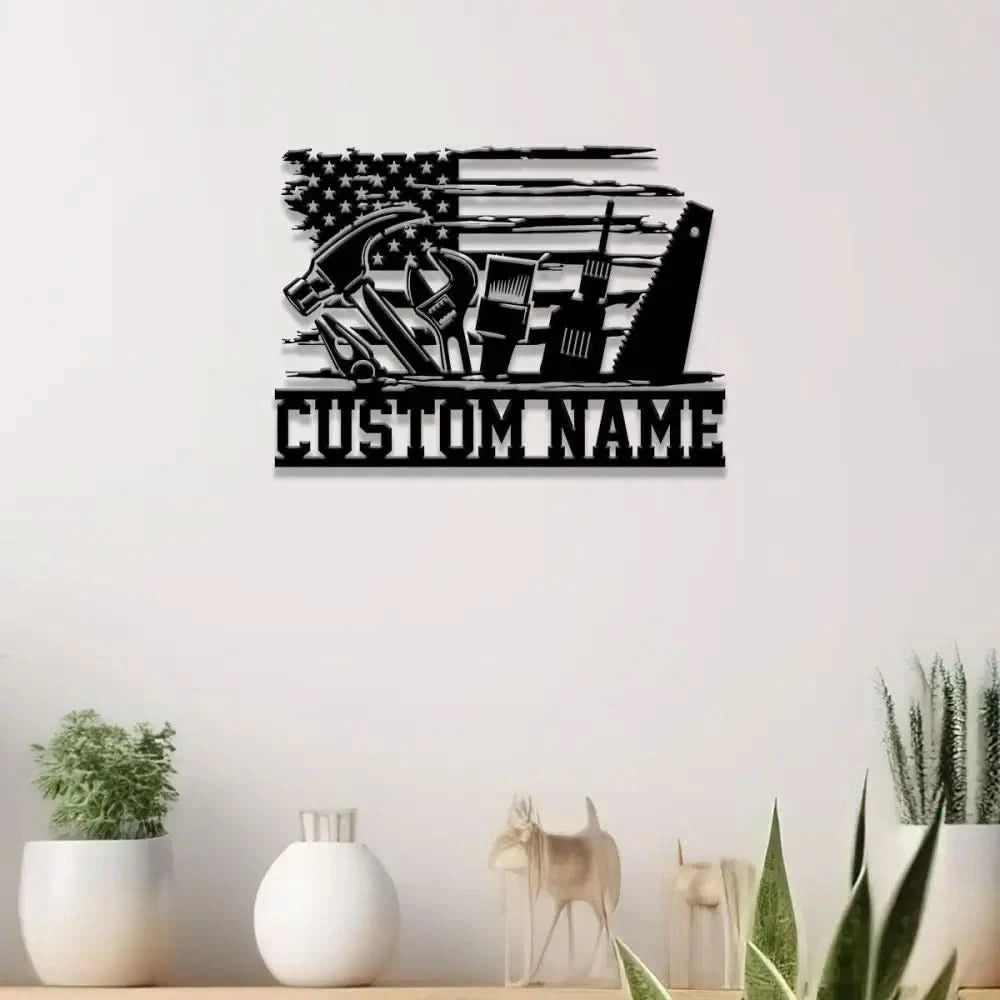 Personalized Garage US Flag Metal Sign with Led Light Custom Name Garage Decor Man Cave Sign Workshop Sign Wall Art For