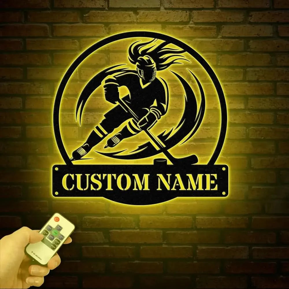 Personalized Girl Ice Hockey Metal Wall Art LED Light Custom Hockey Player Stick Sign Sports Wall Art Gift for Hockey