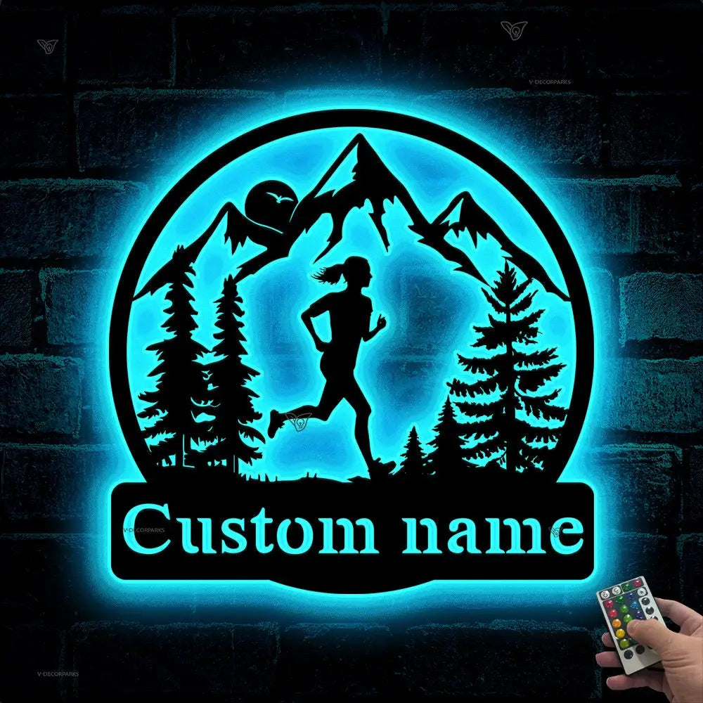 Personalized Girl Runner Name Sign Custom Female Trail Running Metal Wall Art LED Light Home Decor Marathon Decoration