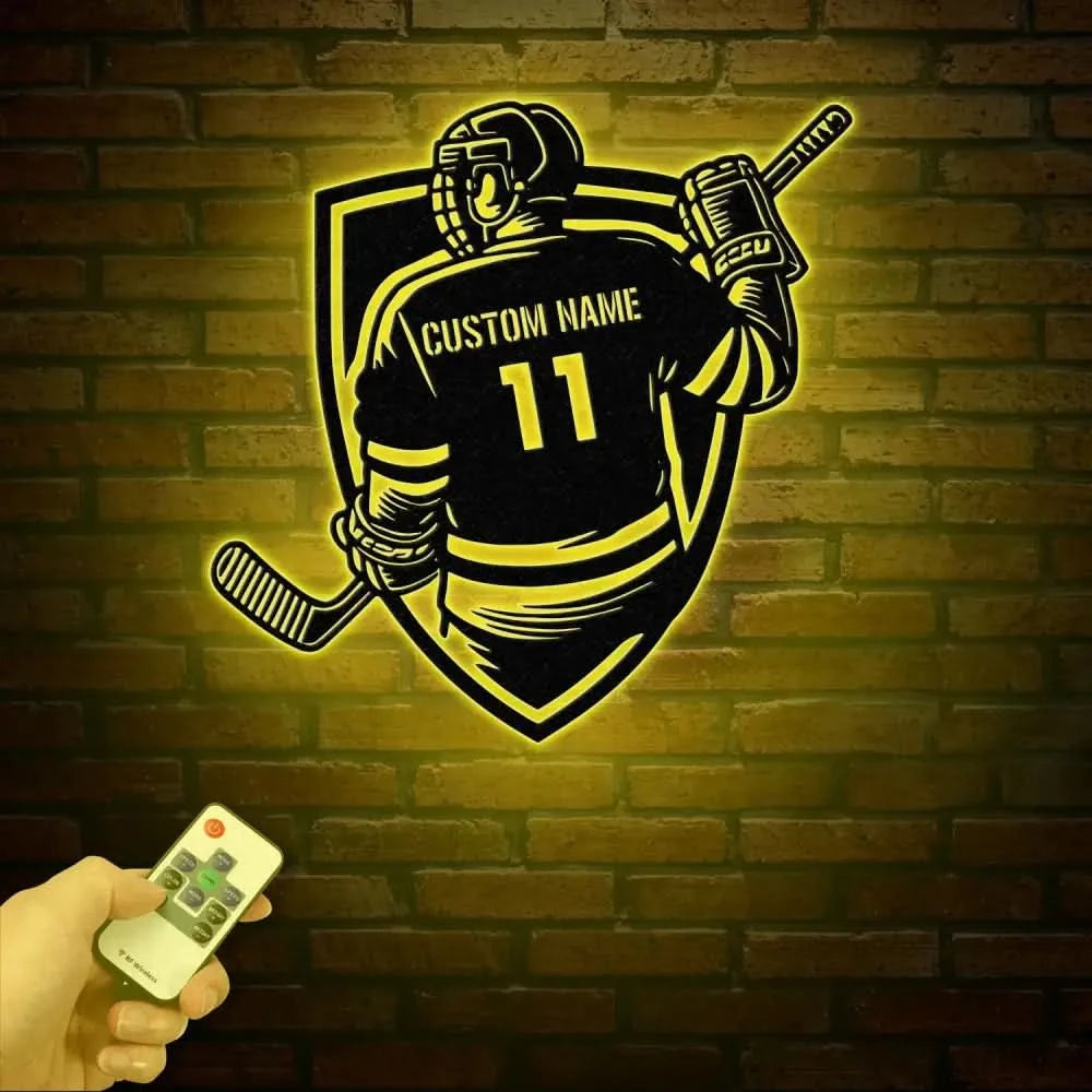 Personalized Ice Hockey Metal Wall Art LED Light Custom Hockey Player Stick Sign Home Decor Sports Wall Art Gift for
