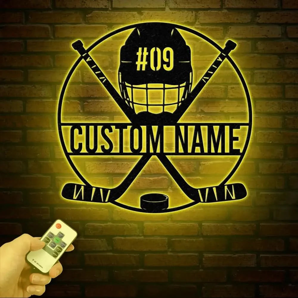 Personalized Ice Hockey Metal Wall Art LED Light Custom Hockey Player Stick Sign Home Decor Sports Wall Art Gift for