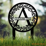 Personalized Initial Stake Metal Sign Metal Circle Letter Monogram with Vines Outdoor Metal Sign Garden Decor Garden