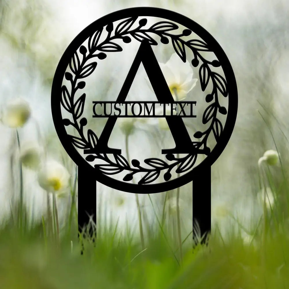 Personalized Initial Stake Metal Sign Metal Circle Letter Monogram with Vines Outdoor Metal Sign Garden Decor Garden