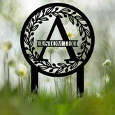 Personalized Initial Stake Metal Sign Metal Circle Letter Monogram with Vines Outdoor Metal Sign Garden Decor Garden