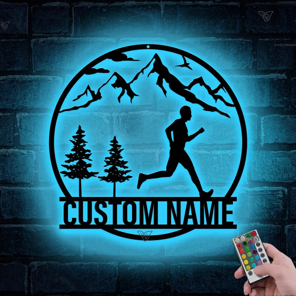 Personalized Man Trail Running Metal Wall Art LED Light - Custom Runner Name Sign Home Decor - Man Trail Running for