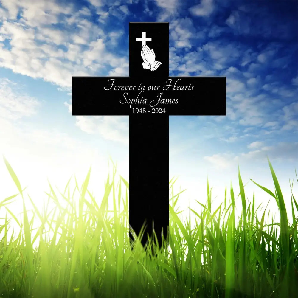 Personalized Memorial Cross Metal Sign Forever in Our Hearts Grave Marker Loss of Loved One Gift Custom Condolence