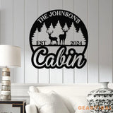 Personalized Metal Cabin Sign – Custom Deer and Forest Design – Outdoor Lodge and Cabin Decor with Family Name and