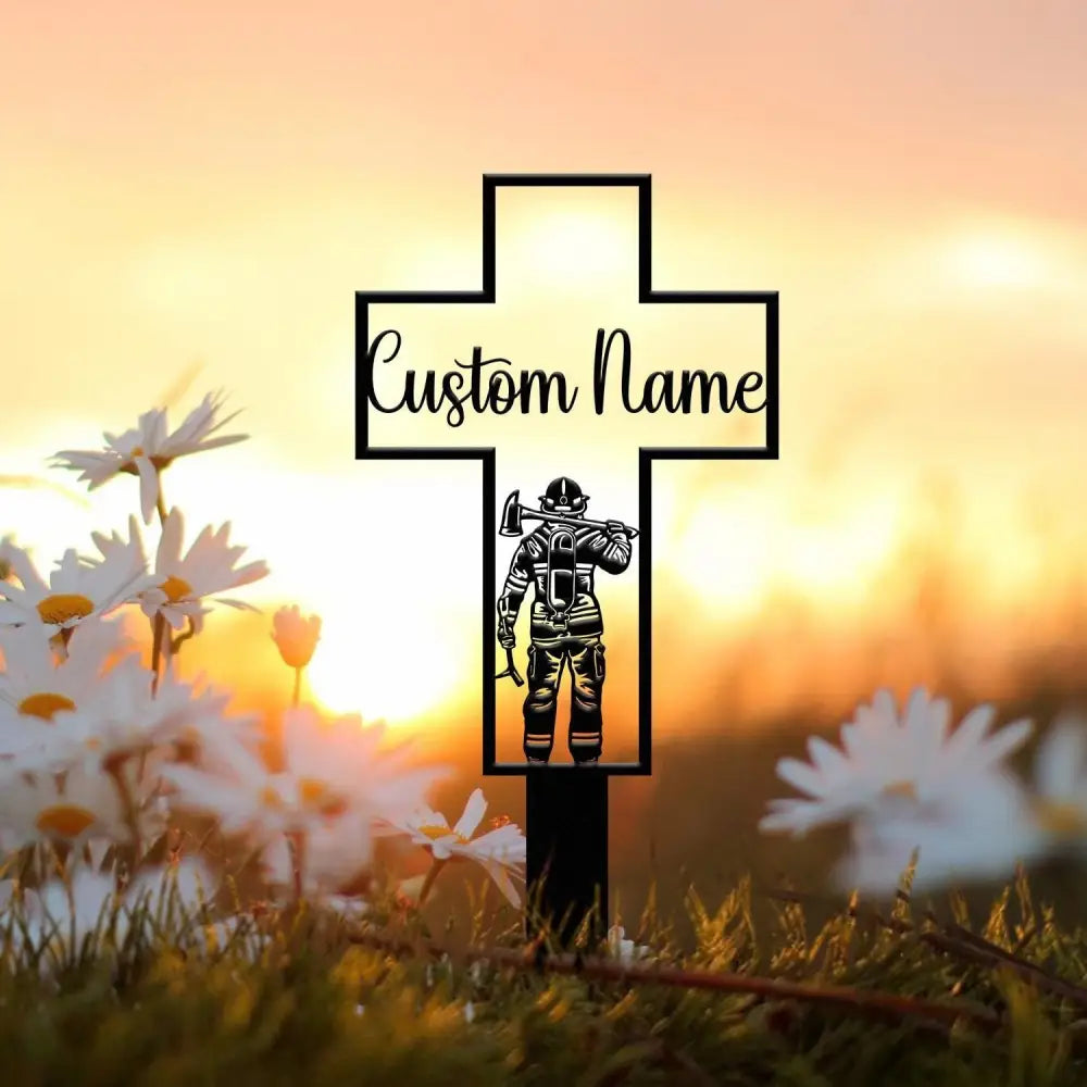 Personalized Metal Cross Memorial Stake Firefighter Memorial Stake Memory Cross Sign Gift Remembrance Stake Sympathy