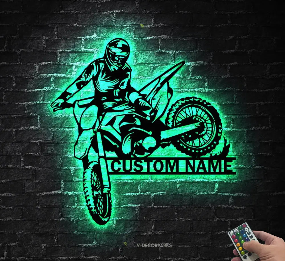 Personalized Motocross Biker Metal Wall Art LED Lights Custom Dirt Bike Name Sign Home Motorcycle Decor Rider