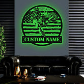 Personalized Motocross Biker US Flag Metal Wall Art LED Light Dirt Bike Name Sign Motorcycle Decor Rider Decoration Man
