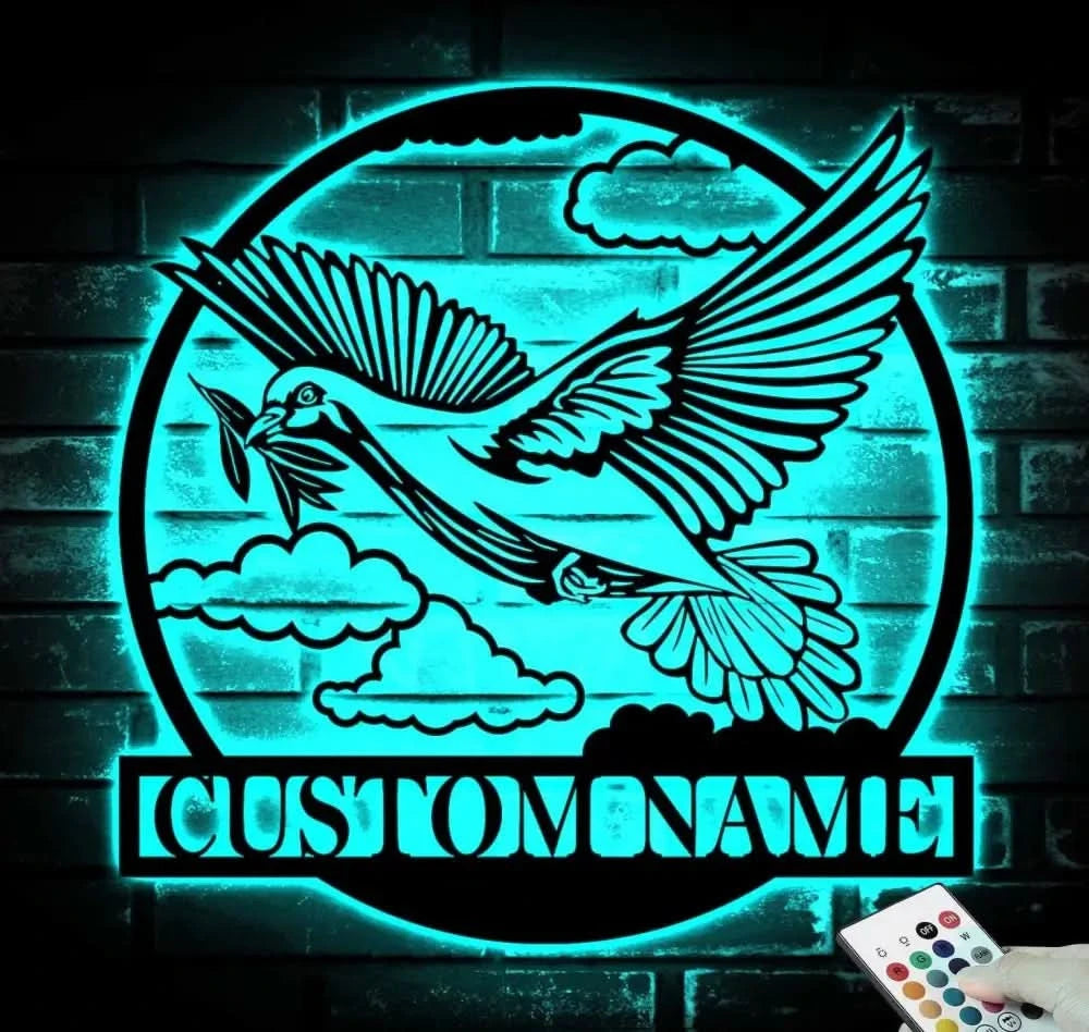 Personalized Pigeon Peace Bird Metal Wall Art LED Light - Custom Dove Pet Homing Bird Name Sign - Pigeon for Home Decor