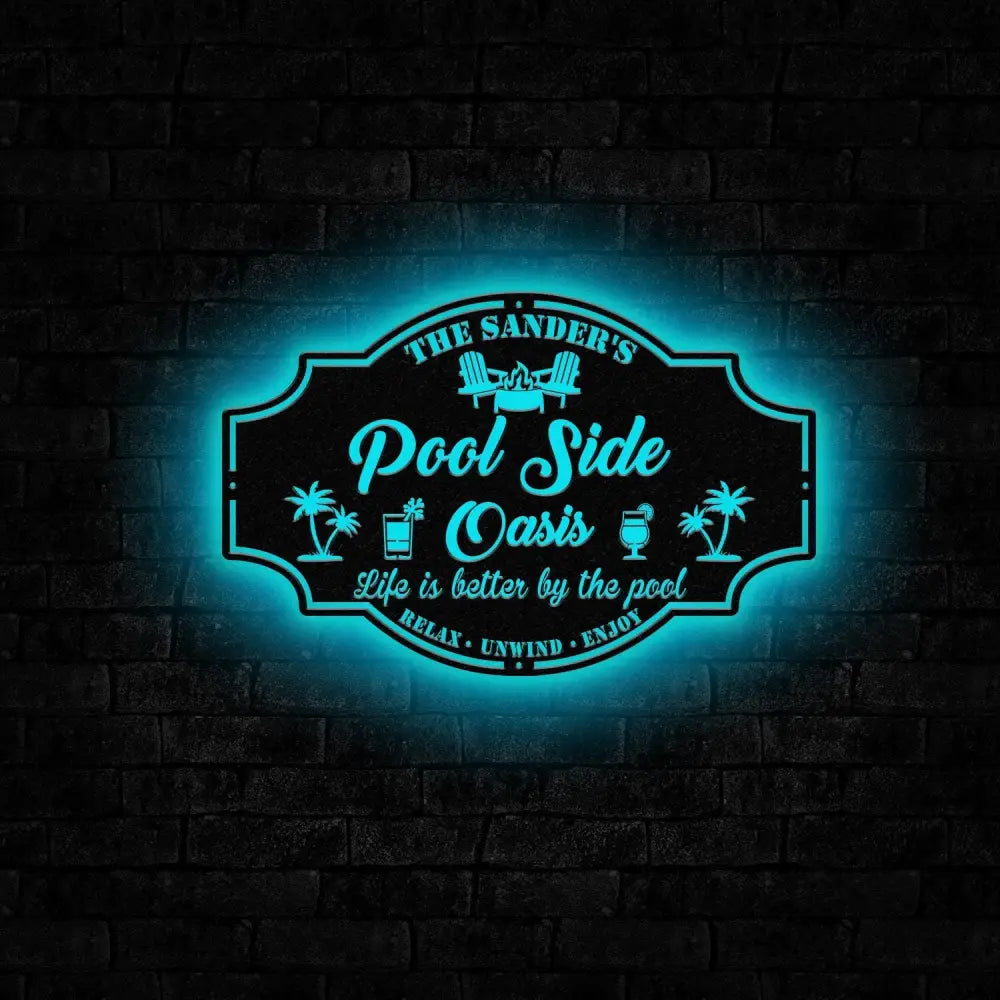 Personalized Poolside Paradise Sign LED Light Custom Backyard Pool Sign Family Welcome Sign Aloha Palm Tree Decor Beach