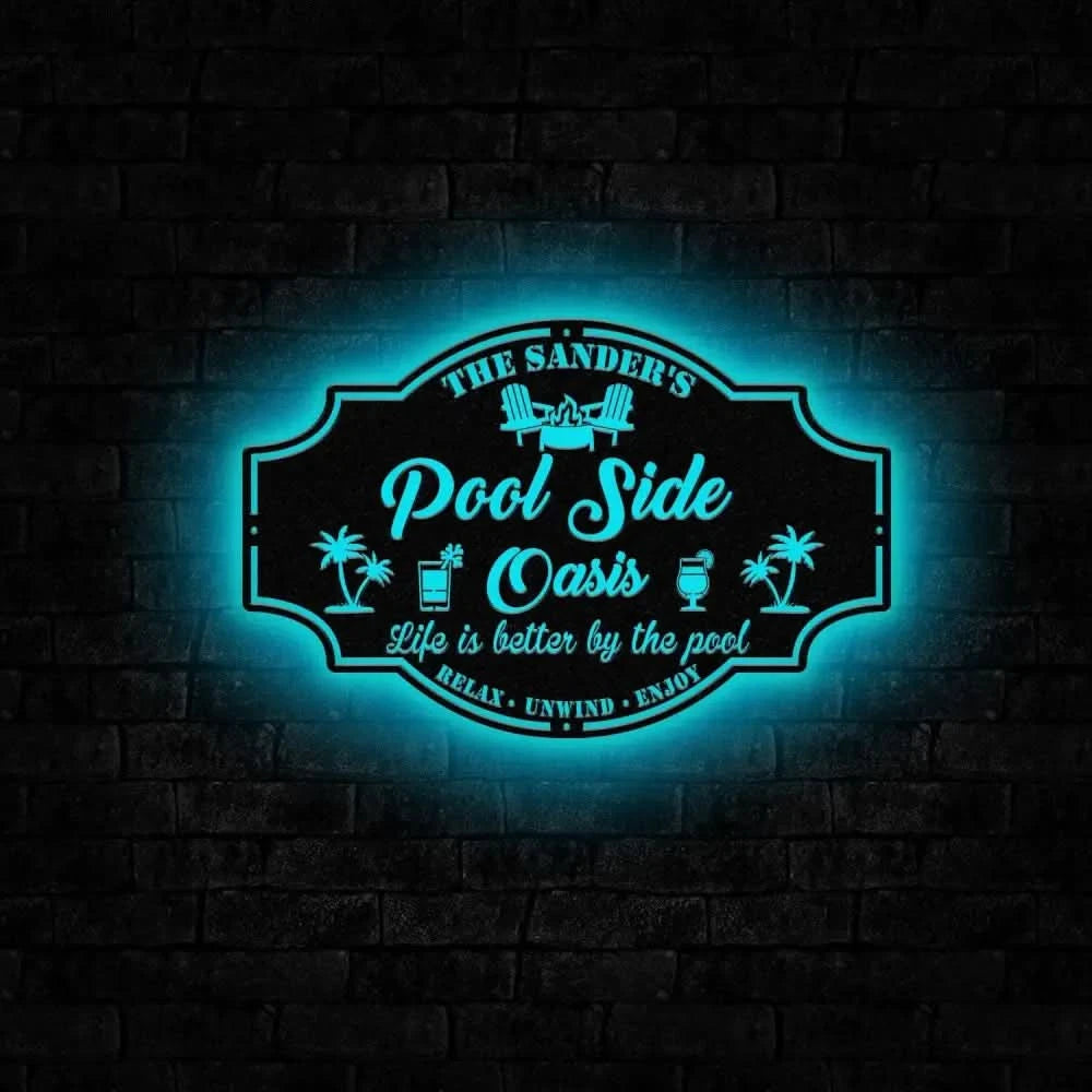 Personalized Poolside Paradise Sign LED Light Custom Backyard Pool Sign Family Welcome Sign Aloha Palm Tree Decor Beach
