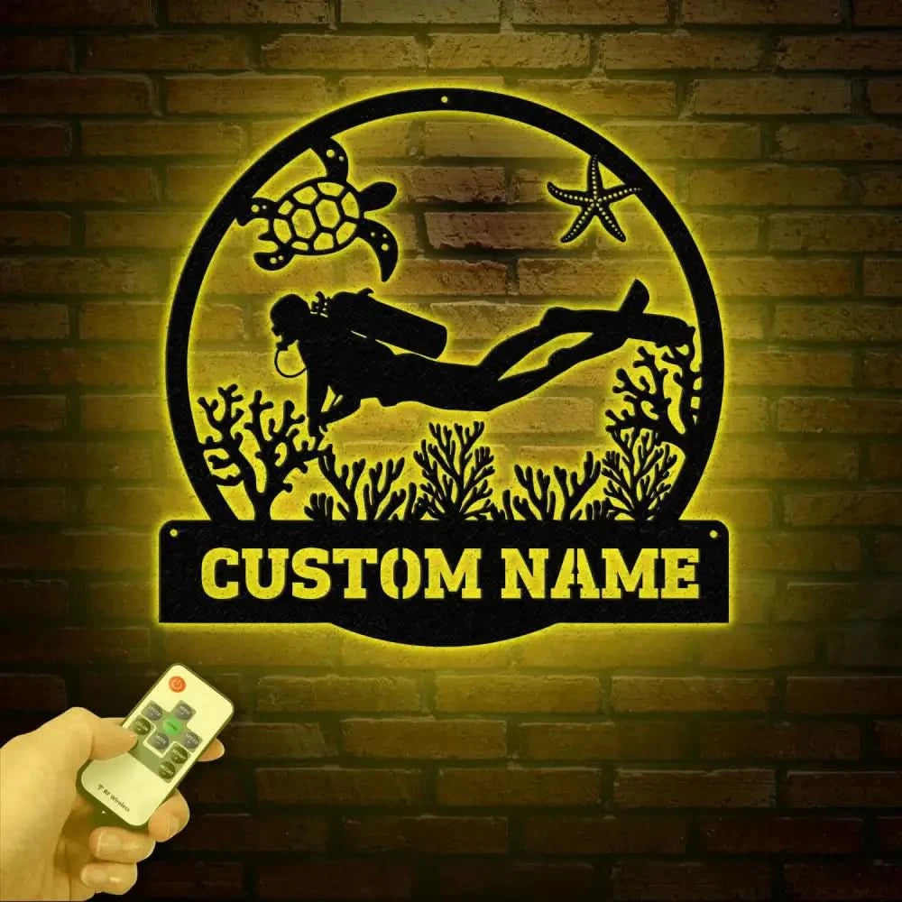 Personalized Scuba Diving Metal Sign with Led Light Custom Water Sport Wall Art Monogram Diving Decor Scuba Wall