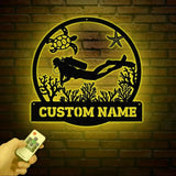 Personalized Scuba Diving Metal Sign with Led Light Custom Water Sport Wall Art Monogram Diving Decor Scuba Wall