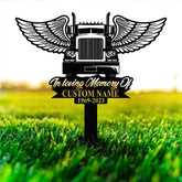Personalized Semi Truck Trucker Truck Driver Angel Wings Memorial Stake Metal Stake Sympathy Sign Grave Marker
