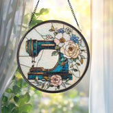 Personalized Sewing Machine Glass Suncatcher Wildflower Window Hanging for Tailor Shop or Sewing Room Gift for Mom or