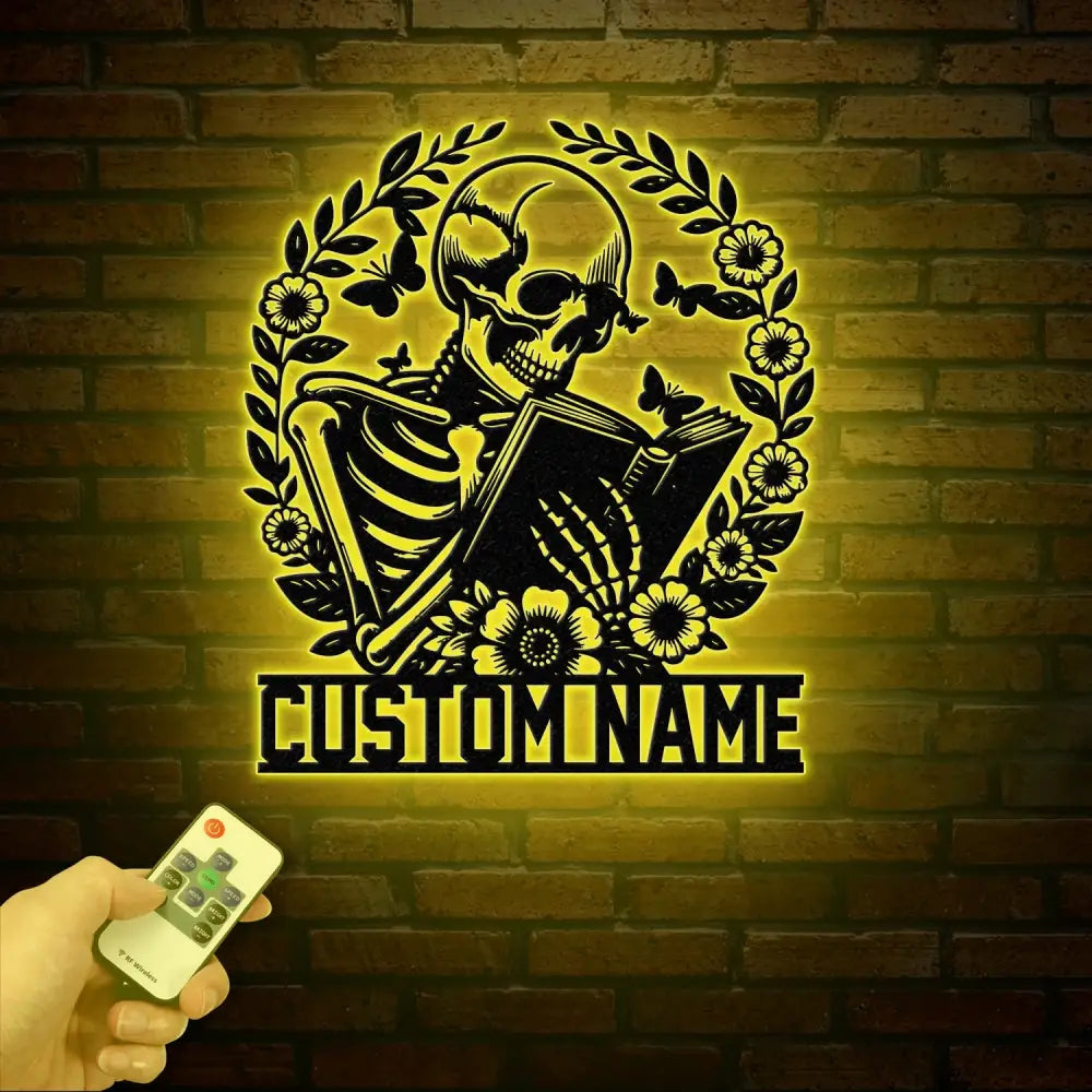 Personalized Skeleton Reading Books Metal Sign with LED Lights - Library Decor - Bookworm & Reading Room Sign - Book