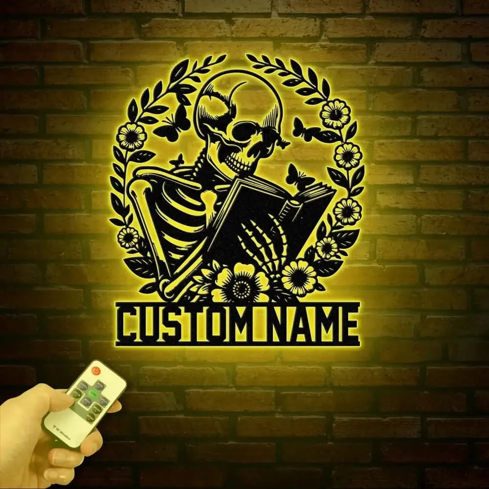 Personalized Skeleton Reading Books Metal Sign with LED Lights - Library Decor - Bookworm & Reading Room Sign - Book