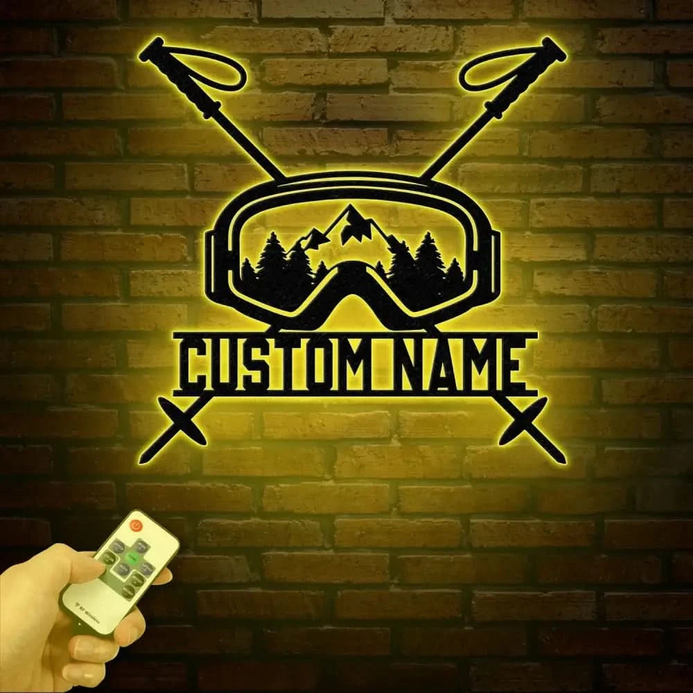 Personalized Ski Trip Metal Wall Art with LED Lights Custom Ski Goggles Sign Snowboarding Winter Sport Decor Skier Gift