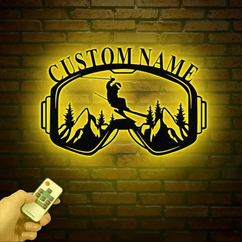 Personalized Ski Trip Metal Wall Art with LED Lights Custom Ski Goggles Sign Snowboarding Winter Sport Decor Skier Gift
