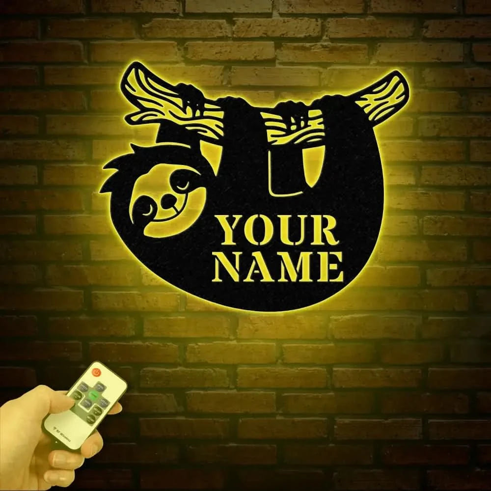 Personalized Sloth Metal Wall Art LED Light Custom Lazy Sloth Name Sign Funny Sloth Lover Decor Home Wall Art Gift for