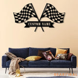Personalized Start Finish Racing Flag Metal Wall Art LED Light Custom Race Checkered Flag Name Sign Checker Topper