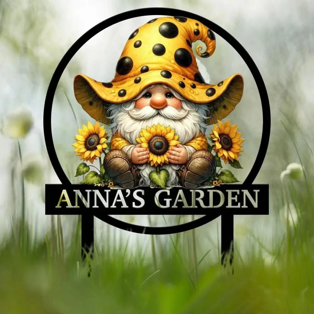 Personalized Sunflower Garden Gnome Yard Stake Custom Gnome Gifts Gnome Metal Art Yard Decor Outdoor Lawn Decor Garden