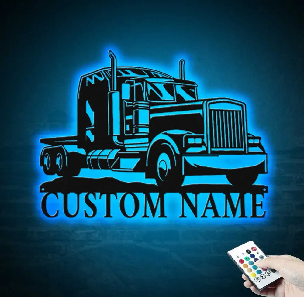 Personalized Trucker Name Sign - Custom Semi Truck Driver Metal Wall Art LED Light Home Decor - 18 Wheeler Decoration