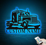 Personalized Trucker Name Sign - Custom Semi Truck Driver Metal Wall Art LED Light Home Decor - 18 Wheeler Decoration