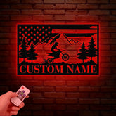 Personalized US Flag Dirt Bike Metal Sign with Led Light - Motocross Decor Biker Name Sign Outdoor Motorcycle Wall Art
