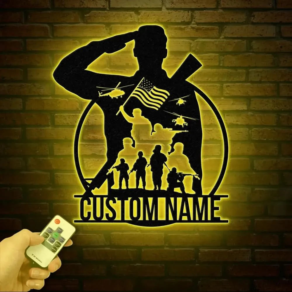 Personalized US Soldier Metal Wall Art LED Light Custom Military Name Sign American Army Home Decor Patriotic Wall Art