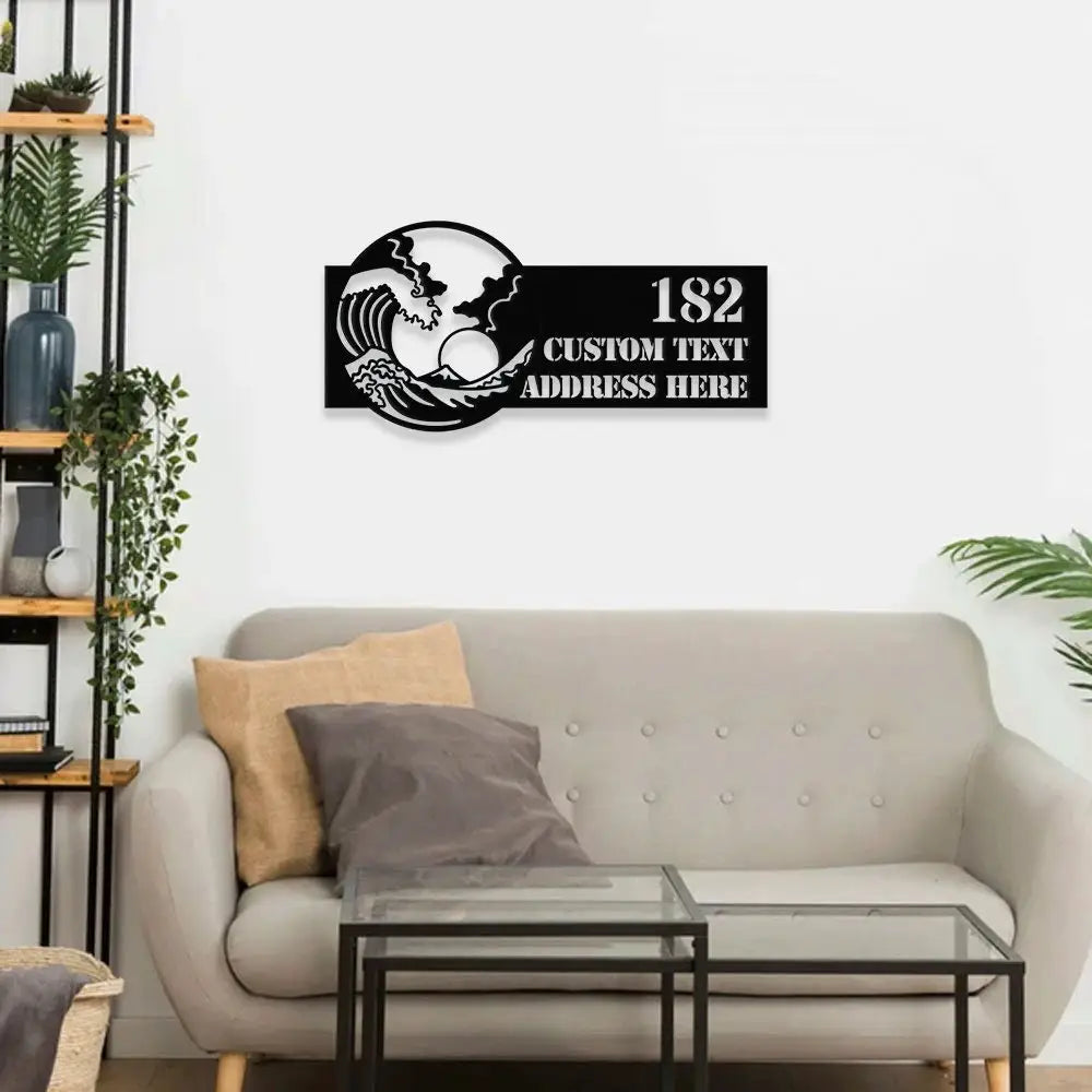 Personalized Waves Metal Address LED Metal Sign - House Number Hanging - Family Name Sign - Housewarming Wall Art