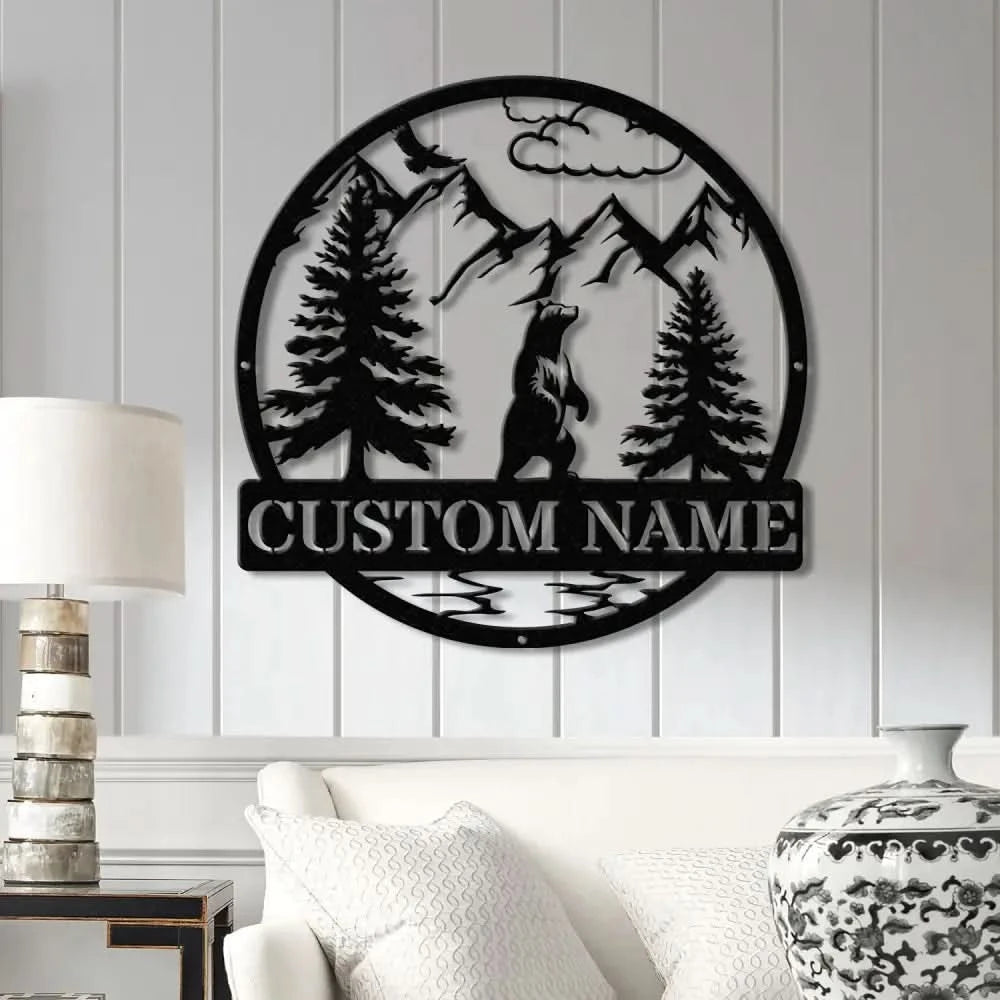 Personalized Wilderness Bear Cabin Sign with Led Light - Rustic Mountain Decor Metal Bear Outdoor Sign Cabin Door Decor