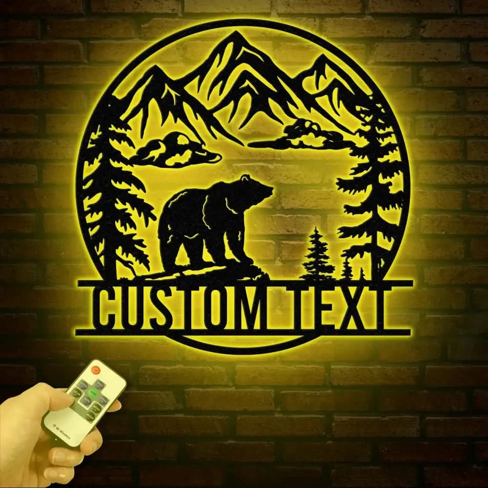 Personalized Wilderness Bear Cabin Sign with LED Lights Mountain Metal Bear Decor Rustic Outdoor Cabin Sign Custom Bear