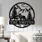 Personalized Wolf Metal Sign Custom Family Name Sign Outdoor Wildlife Metal Wall Art Rustic Mountain Scene Decor