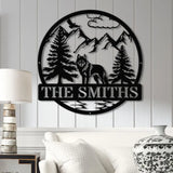 Personalized Wolf Metal Sign Custom Family Name Sign Outdoor Wildlife Metal Wall Art Rustic Mountain Scene Decor