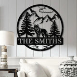 Personalized Wolf Metal Sign Custom Family Name Sign Outdoor Wildlife Metal Wall Art Rustic Mountain Scene Decor