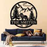 Personalized Wolf Metal Sign Custom Family Name Sign Outdoor Wildlife Metal Wall Art Rustic Mountain Scene Decor