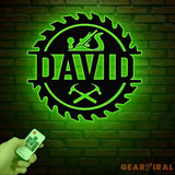 Personalized Wood Shop Sawblade Metal Sign with LED Light Custom Monogram Sign Construction Trades Decor Gift for Him